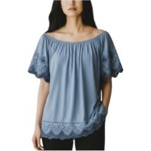 Style & Co. Blue Flutter Lace Trim Sleeve Cotton Modal Blend Top Relaxed Fit XL